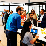 **Image:** A vibrant co-working space scene filled with freelance translators engaged in lively discussions during a networking event. The atmosphere is buzzing with energy, laptops open, business cards being exchanged, and smiles all around. Focus on diversity in age, ethnicity, and language backgrounds to reflect the global nature of translation. The setting includes a banner with a translation industry event logo.