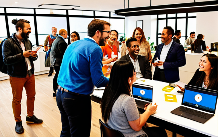 **Image:** A vibrant co-working space scene filled with freelance translators engaged in lively discussions during a networking event. The atmosphere is buzzing with energy, laptops open, business cards being exchanged, and smiles all around. Focus on diversity in age, ethnicity, and language backgrounds to reflect the global nature of translation. The setting includes a banner with a translation industry event logo.