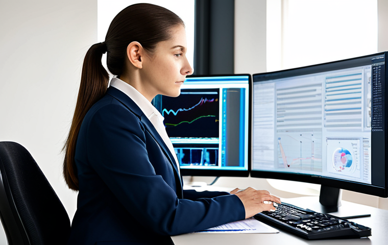 A professional female medical translator in a modest business suit, working diligently at a large ergonomic desk in a modern, sunlit office. She is focused on a complex medical document on her dual monitors, one displaying a CAT tool interface. The desk is organized with professional documents and a high-end computer setup. The atmosphere is calm and focused, emphasizing expertise and precision. Perfect anatomy, well-formed hands, natural body proportions, correct proportions, natural pose, professional photography, high resolution, realistic, studio lighting, fully clothed, appropriate attire, professional dress, modest clothing, safe for work, appropriate content, professional, family-friendly.