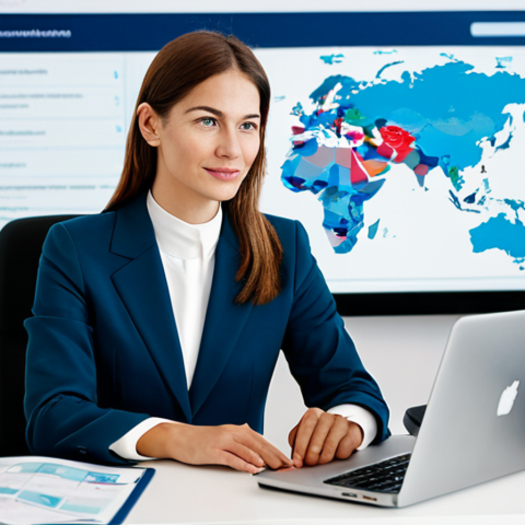 A professional female translator, mid-30s, wearing a modest business suit, sitting comfortably at a sleek, minimalist desk. Her laptop screen displays a sophisticated online portfolio with language pair options and subtle global network lines. In the background, a soft-focus modern office environment suggests a global reach, with a subtle map graphic hinting at international connections. The scene emphasizes professional digital presence and global opportunity. fully clothed, modest clothing, appropriate attire, professional dress, safe for work, appropriate content, professional, family-friendly, perfect anatomy, correct proportions, natural pose, well-formed hands, proper finger count, natural body proportions, professional photography, high quality, sharp focus, clean composition.