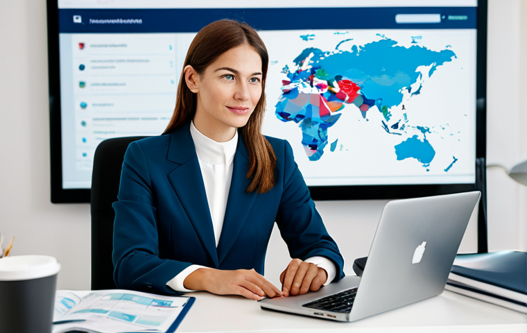 A professional female translator, mid-30s, wearing a modest business suit, sitting comfortably at a sleek, minimalist desk. Her laptop screen displays a sophisticated online portfolio with language pair options and subtle global network lines. In the background, a soft-focus modern office environment suggests a global reach, with a subtle map graphic hinting at international connections. The scene emphasizes professional digital presence and global opportunity. fully clothed, modest clothing, appropriate attire, professional dress, safe for work, appropriate content, professional, family-friendly, perfect anatomy, correct proportions, natural pose, well-formed hands, proper finger count, natural body proportions, professional photography, high quality, sharp focus, clean composition.