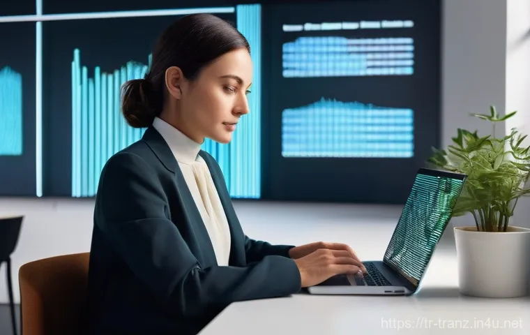 번역사의 글로벌 시장 트렌드 - **Prompt:** A focused, professional female translator of Turkish descent, in her late 30s, is seated...