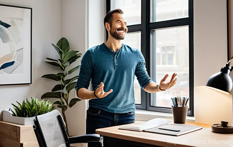 번역사의 장비 및 사무실 환경 꾸미기 - **High-Tech Translation Station with Dual Monitors**
    "A close-up, eye-level shot of a modern tra...