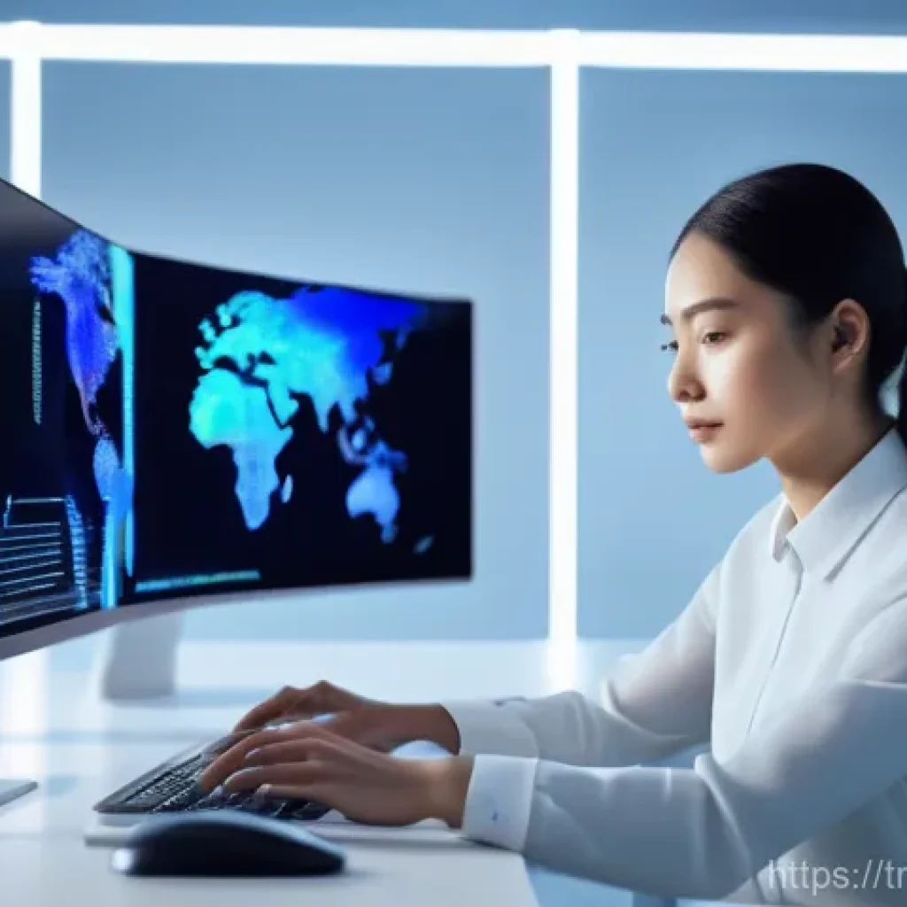 번역사의 하루 일과 - A professional male or female translator, fully clothed in smart casual attire, sits at a modern, cl...