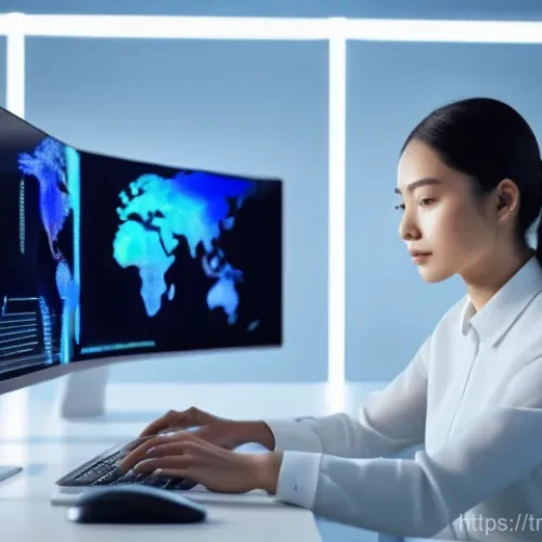 번역사의 하루 일과 - A professional male or female translator, fully clothed in smart casual attire, sits at a modern, cl...