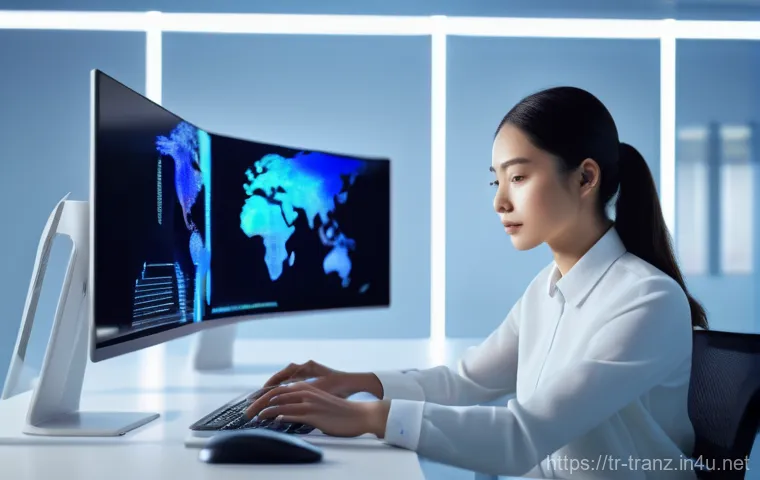 번역사의 하루 일과 - A professional male or female translator, fully clothed in smart casual attire, sits at a modern, cl...