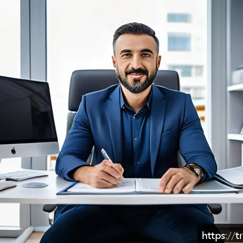 번역사로서의 자아 정체성 확립 - A professional Turkish medical translator sitting at a modern desk in a bright office, surrounded by...