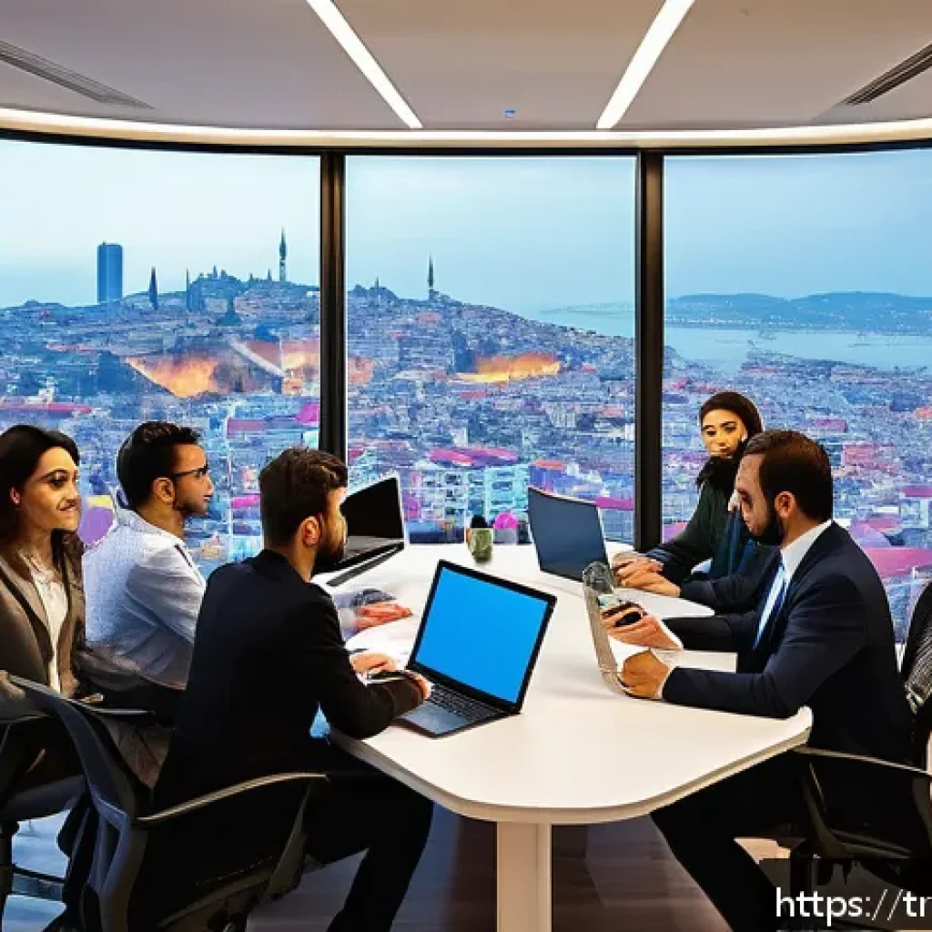 번역사 협동조합 설립 사례 - A vibrant and collaborative translation cooperative office scene in Turkey, showing a diverse group ...