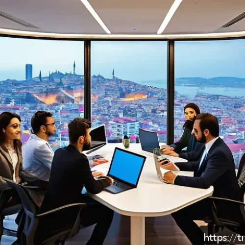 Home 32 번역사 협동조합 설립 사례 - A vibrant and collaborative translation cooperative office scene in Turkey, showing a diverse group ...