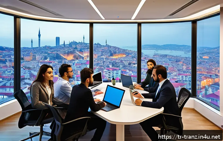 번역사 협동조합 설립 사례 - A vibrant and collaborative translation cooperative office scene in Turkey, showing a diverse group ...
