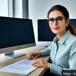 Home 19 번역사 취업을 위한 필수 체크리스트 - A professional translator working at a modern desk with multiple monitors displaying translation sof...