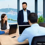 Home 18 번역 프로젝트 팀 관리 스킬 - A diverse team of professional translators collaborating in a modern office setting in Istanbul, Tur...