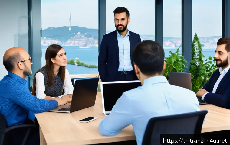 번역 프로젝트 팀 관리 스킬 - A diverse team of professional translators collaborating in a modern office setting in Istanbul, Tur...