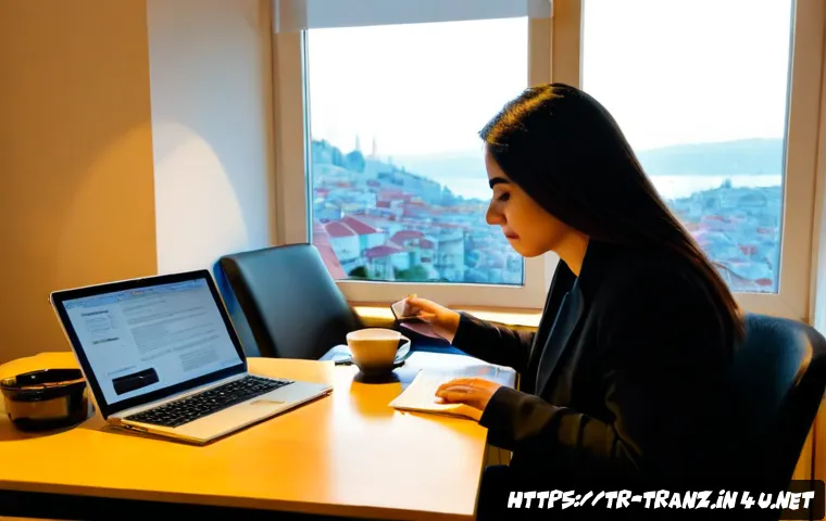 Home 15 번역사의 마케팅 전략 - Photorealistic Turkish freelance translator at a clean home-office desk in Istanbul, confidently rev...